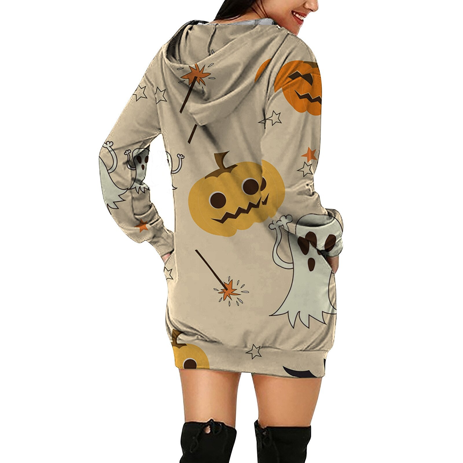 Women's Halloween Pumpkin Printed Sweater Hooded Long Sleeve Dress Sweatshirt Female Women Autumn Spring Casual Hoodies Clothes