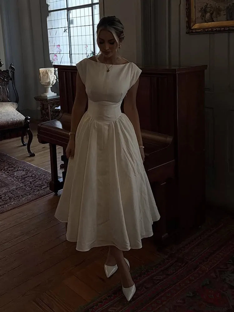 Chic Off Shoulder Irregular Neck Women's Dress Elegant High Waist A-line Hem Pleated Midi Dresses New Summer Lady Commuting Robe Orange