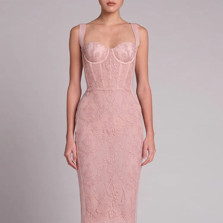 Women Summer Sexy Sleeveless Black Beige White Lace Midi Gowns Bandage Dress Elegant Celebrity Evening Party Club Dress Pink