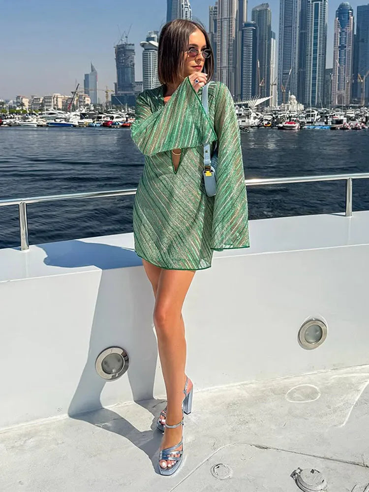 Elegant Shinny Green Mini Dresses Women Fashion Deep V Neck Metal Ring Full Sleeve Short Vestidos New Summer Lady Holiday Robes