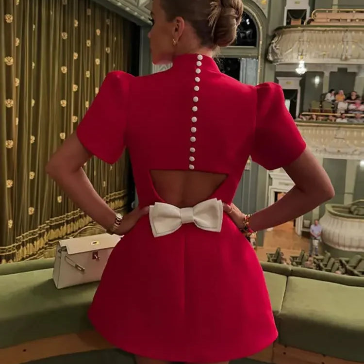Fashion Red Bow Mini Dress Short Sleeve Women Pad Shoulder Dresses Backless Hollow Out Ladies Summer Chic A-line Party Vestidos Red