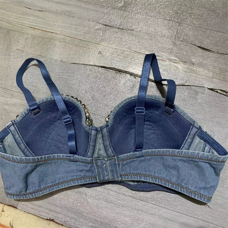 Streetwear Diamonds Denim Vest Female Bra Sleeveless Backless Sexy Summer Tank Tops For Women Camisole Y3851