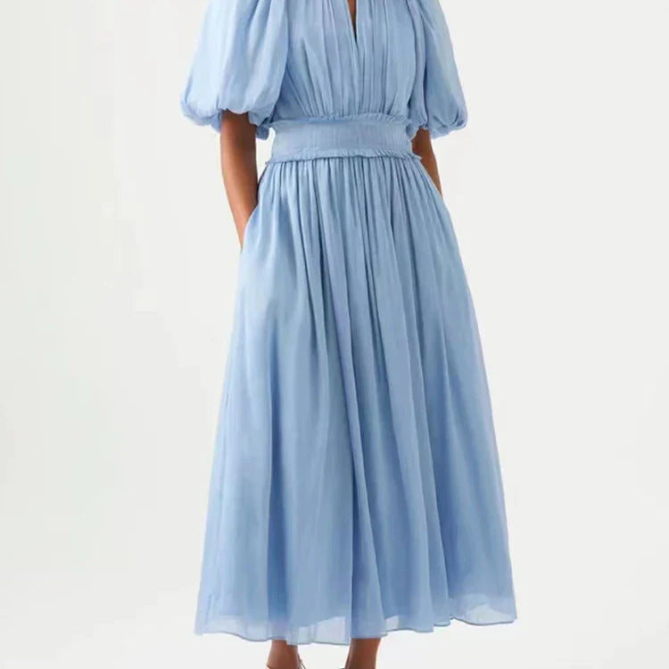 VGH Tie Dye Slim Dress Female Stand Collar Puff Half Sleeve High Waist Spliced Ruffles A Line Long Dresses Female Summer Clothes