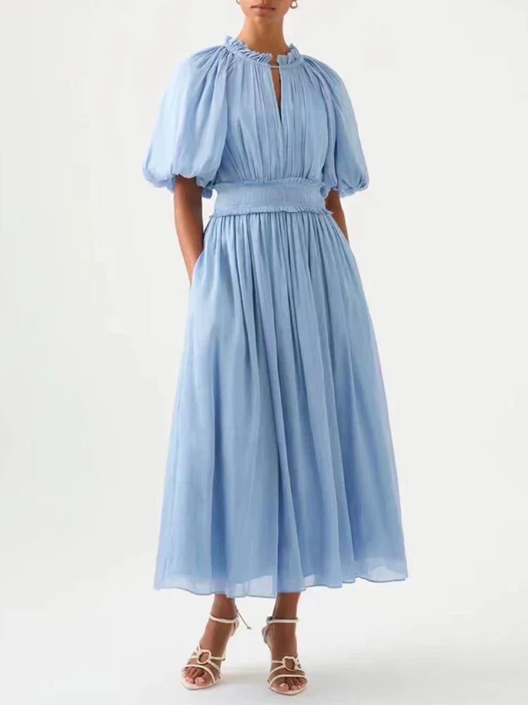 VGH Tie Dye Slim Dress Female Stand Collar Puff Half Sleeve High Waist Spliced Ruffles A Line Long Dresses Female Summer Clothes