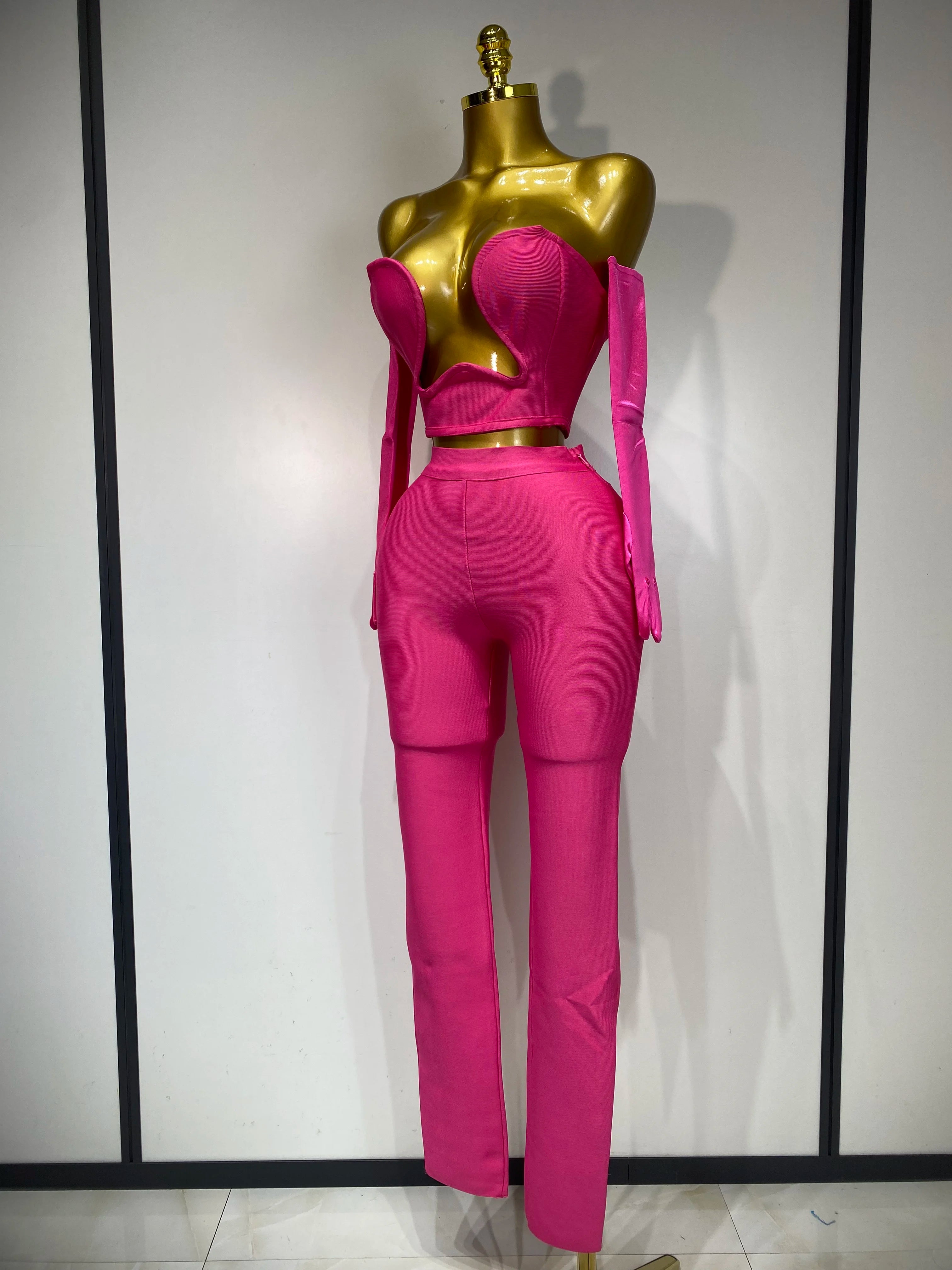 Women Sexy Strapless Backless Hot Pink Glove Pants Bandage Three Piece Suit Celebrity Designer Fashion High Street Pant Suits