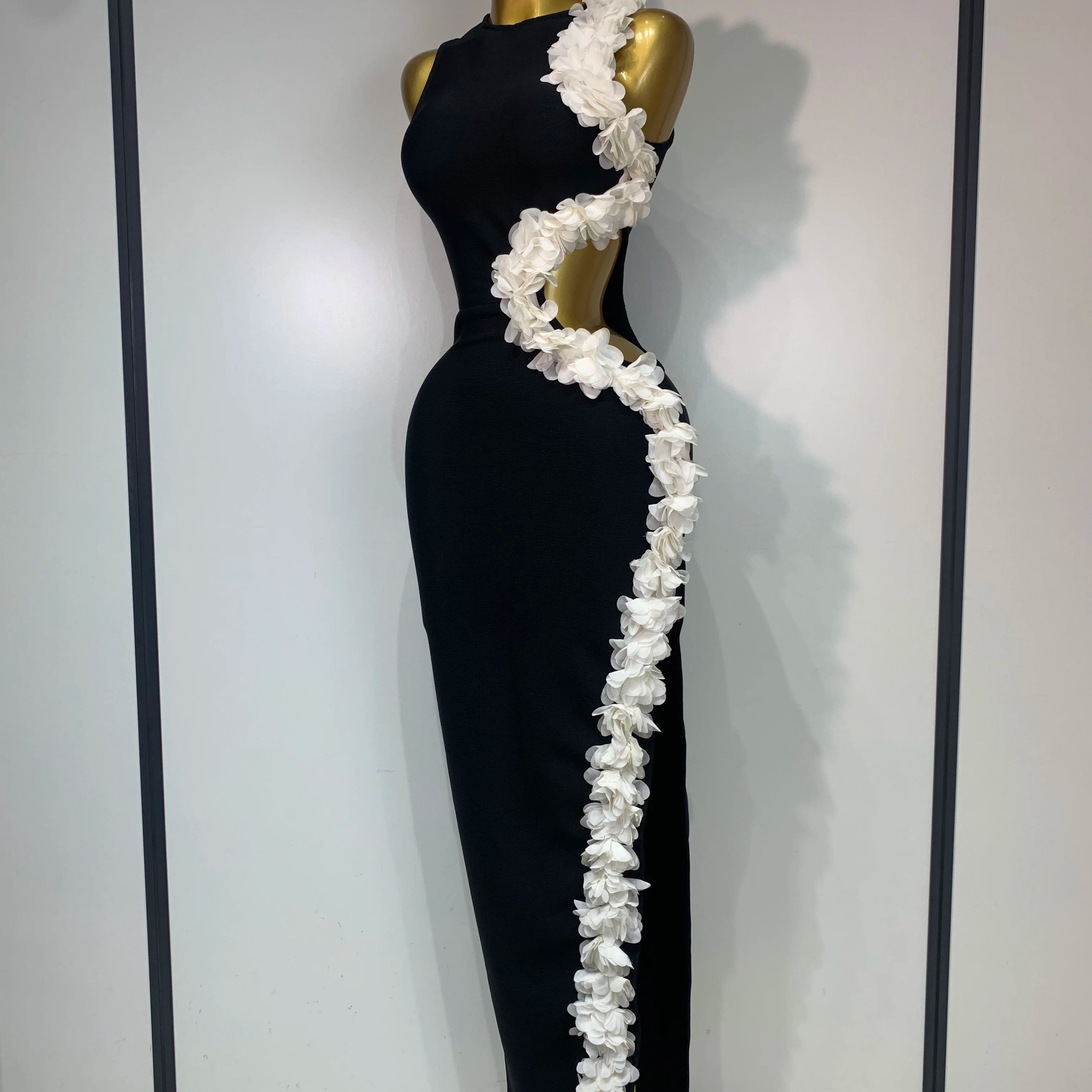 Women Sexy O Neck Flower Cut Out Maxi Long Bodycon Bandage Dress 2025 Celebrity Elegant Evening Club Party Birthday Dress