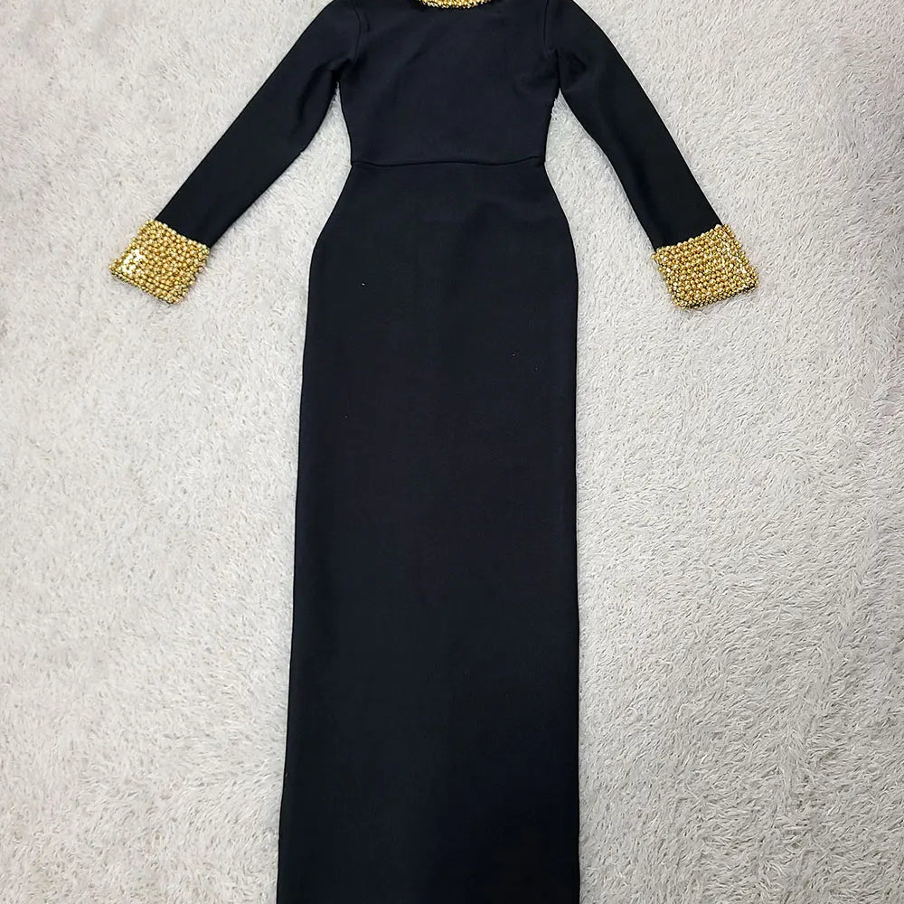 2025 Elegant Women Light Luxury Nail Bead Design Bandage Dress High Collar Long Sleeve Bodycon Long Dress Evening Party Vestidos