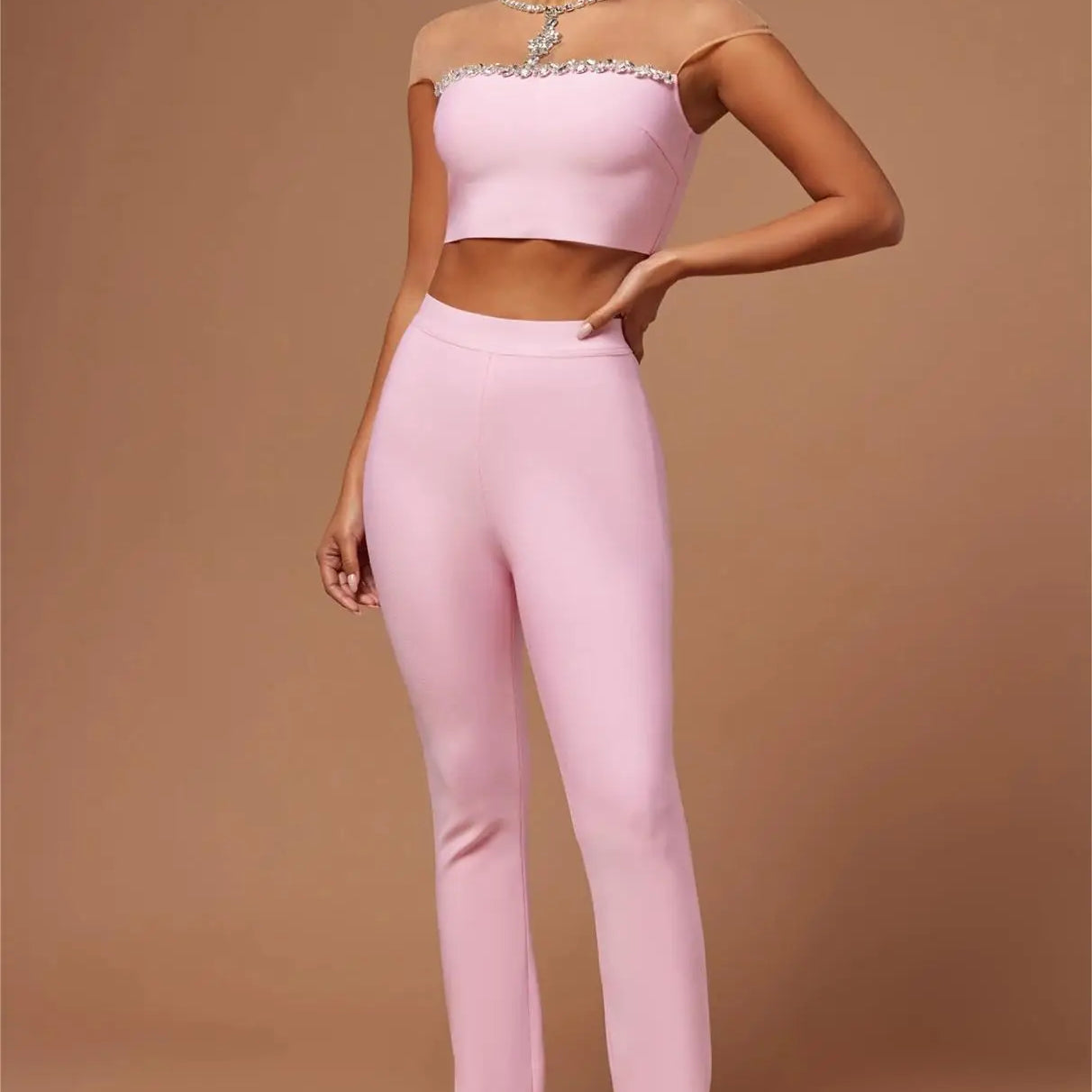 New Fashion Pink Color Women Sexy Mesh Crystal Tops Bandage Pants 2 Pieces Bodycon Set High Street Evening Party Set