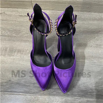 Luxury Women High Heel Shoes Platform Sandals Pointed Toe Woman Silk Pumps Sexy Rhinestone Buckle Chunky Heel Wedding Shoes 2024 Purple