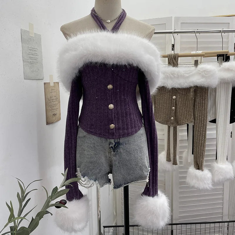 Spring New Detachable Fur Collar Lace-Up Halter Neck Off-Shoulder Knit Sweater For Women Slim Fit Short Top 11A07918 Purple One Size