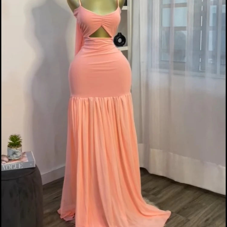 CM.YAYA Women Sleeveless Strap Ruched V-neck Pleated Side Split A-line Midi Maxi Long Dress 2025 Birthday Sexy Party Dresses Pink