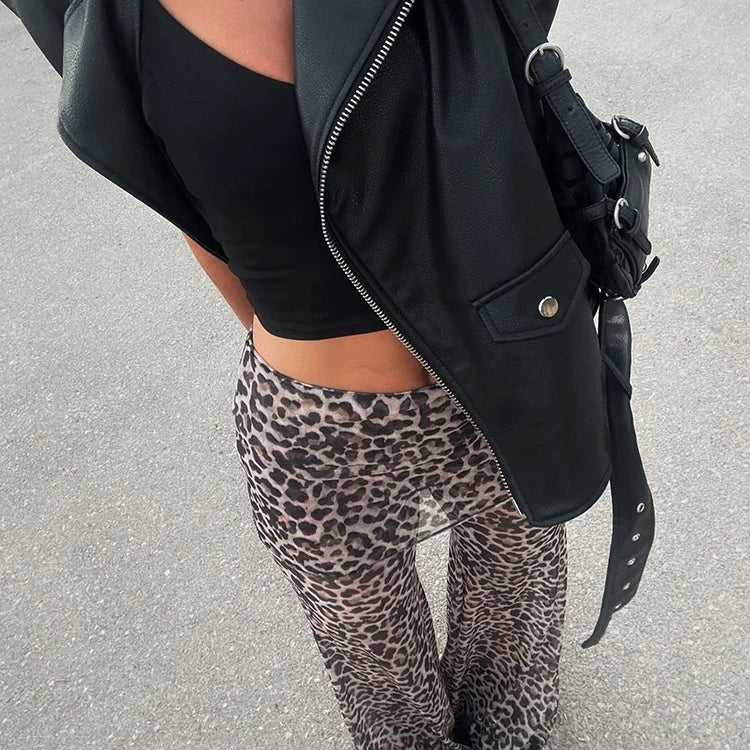 Mozision Mesh Leopard Print Trousers Woman Fashion High Waist Print Wide Leg Pants Female Elegant Printed Long Pants Bottoms