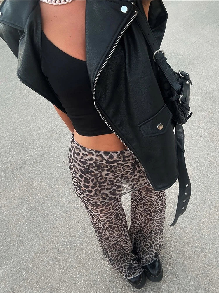 Mozision Mesh Leopard Print Trousers Woman Fashion High Waist Print Wide Leg Pants Female Elegant Printed Long Pants Bottoms