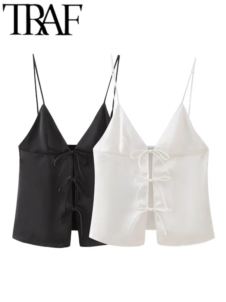 TRAF New Style Bowknot Tied Women Camis Summer V Neck Straps Tanks Sleeveless Backless Sexy Tanks Slim Female Crop Top Y2K