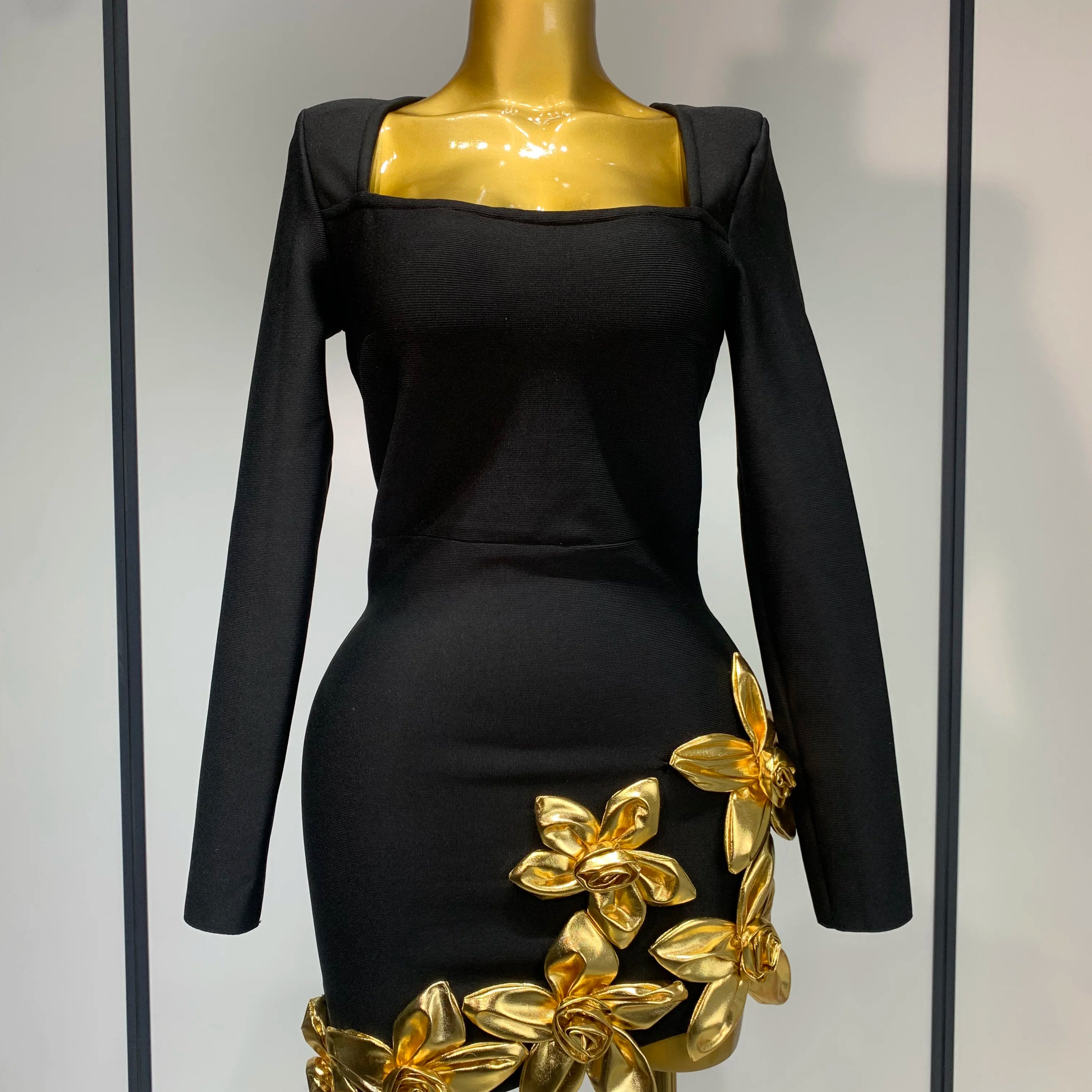 Women Long Sleeve Sexy Square Collar Gold Flower Bodycon Mini Bandage Dress Celebirty Elegant Nightclub Luxury Birthday Dresses black