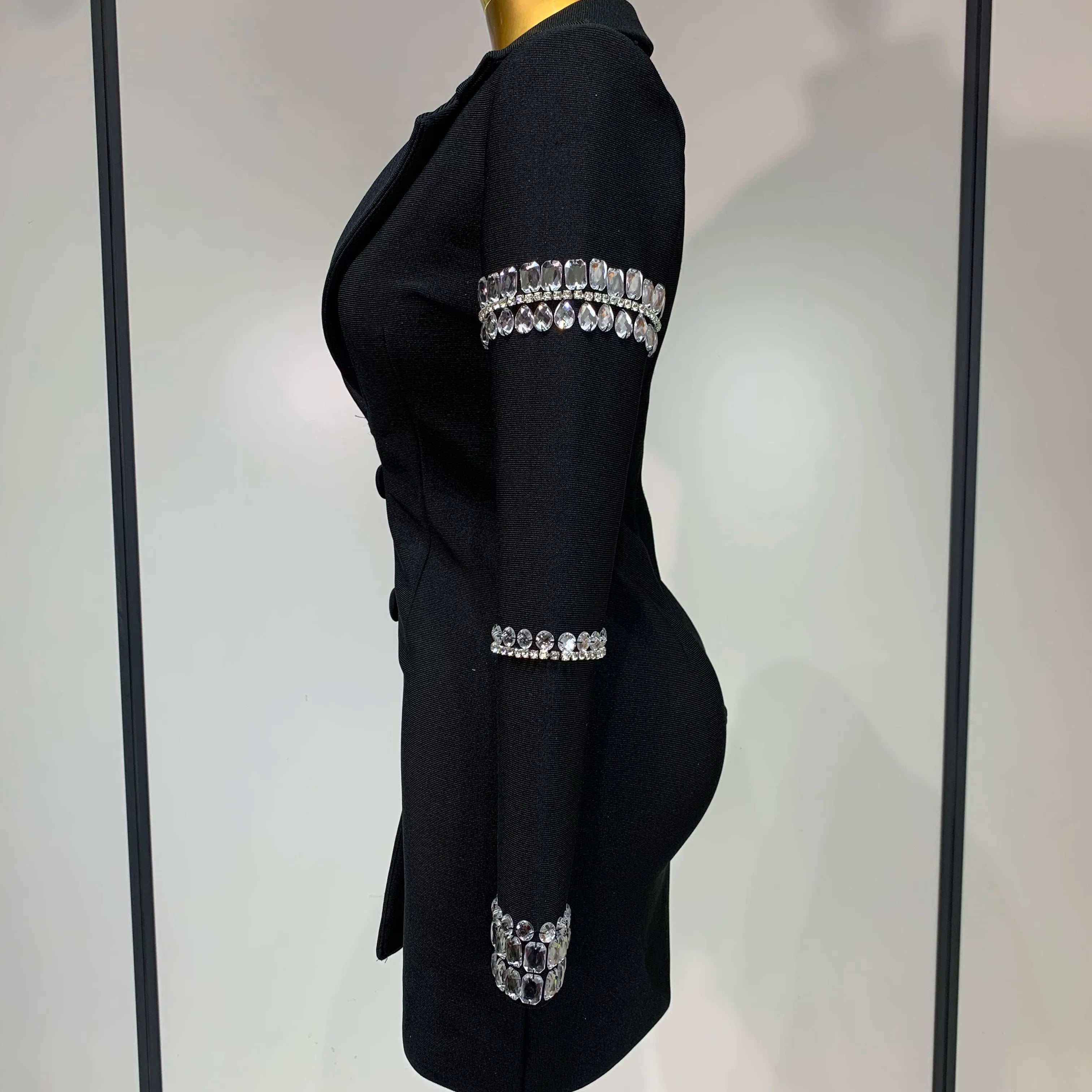 Women Sexy Long Sleeve V Neck Beading Rhinestone Mini Bodycon Bandage Dress 2025 Celebrity Elegant Evening Party Birthday Dress