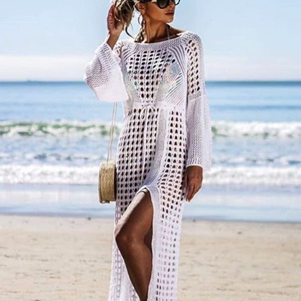 Sexy Empire Hollow Swimwear Cover-ups Long Crochet Dress Beach Outfits for Women One-pieces and Cutout Summer Clothes Swimsuit White One Size