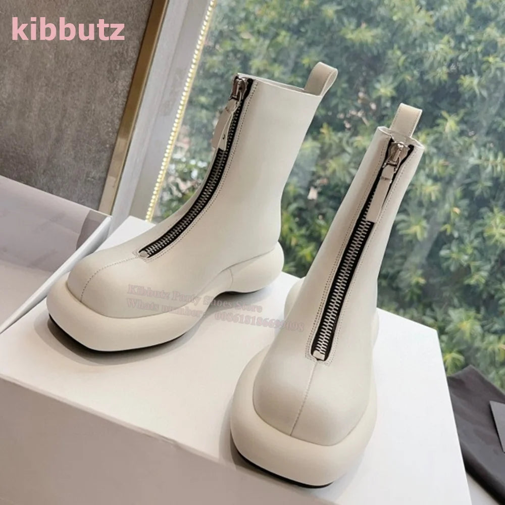 Thick Bottom Front Zipper Ankle Boots Height Increasing Round Toe Solid Genuine Leather Fashion Elegant British Style Women Shoe white