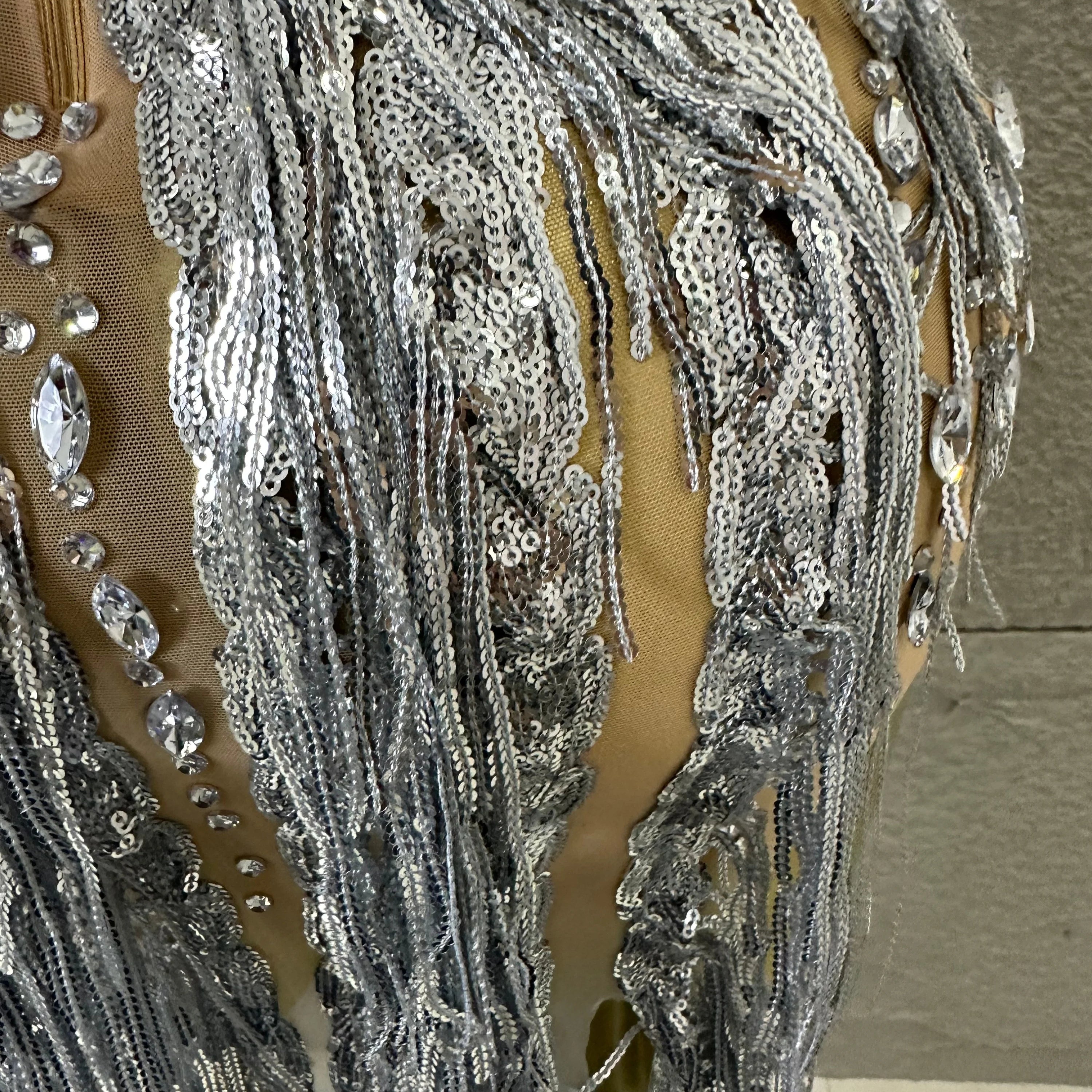 Luxury See Through Mesh Silver Rhinestone Long Tassel Dress Sleeveless Fitted Bodycon Formal Evening Wedding Guest Cocktail Gown