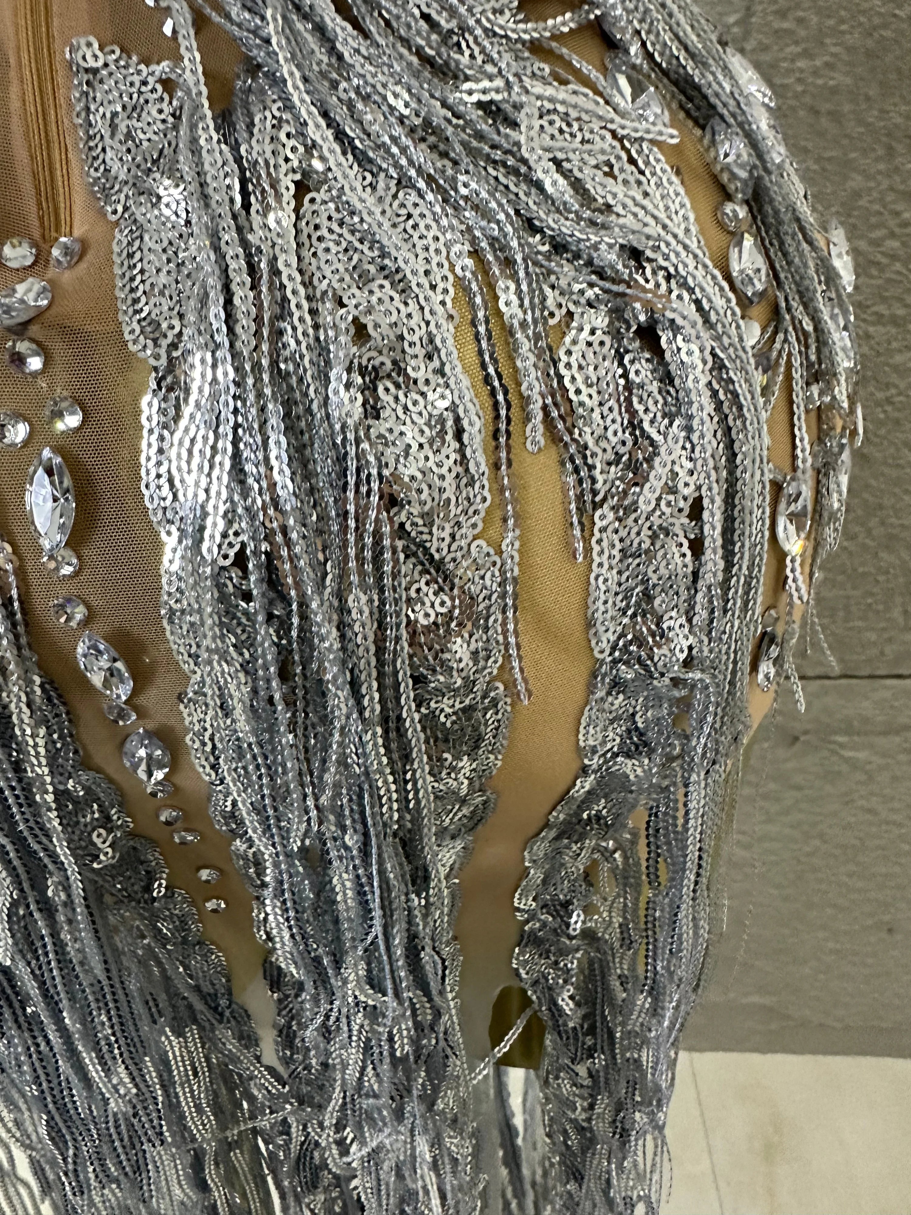 Luxury See Through Mesh Silver Rhinestone Long Tassel Dress Sleeveless Fitted Bodycon Formal Evening Wedding Guest Cocktail Gown