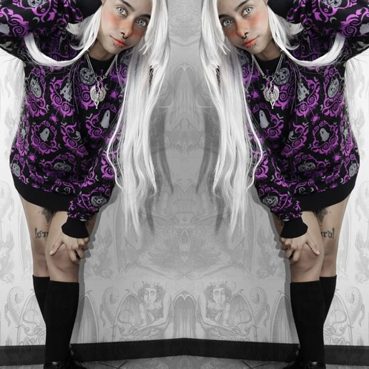 Yangelo Gothic Halloween Women's Pullover Round Neck Pumpkin Pattern Loose Long Sleeve Warm Autumn and Winter Street Y2K Sweater