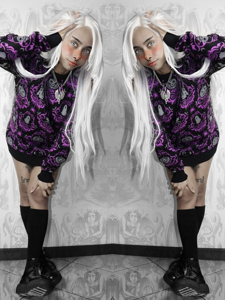 Yangelo Gothic Halloween Women's Pullover Round Neck Pumpkin Pattern Loose Long Sleeve Warm Autumn and Winter Street Y2K Sweater