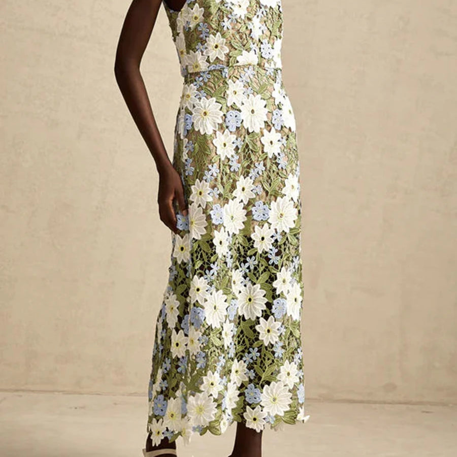 Colorblock Slimming Fashion Midi Dresses for Women Square Neck Sleeveless Patchwork Applique Dress Female Clothing