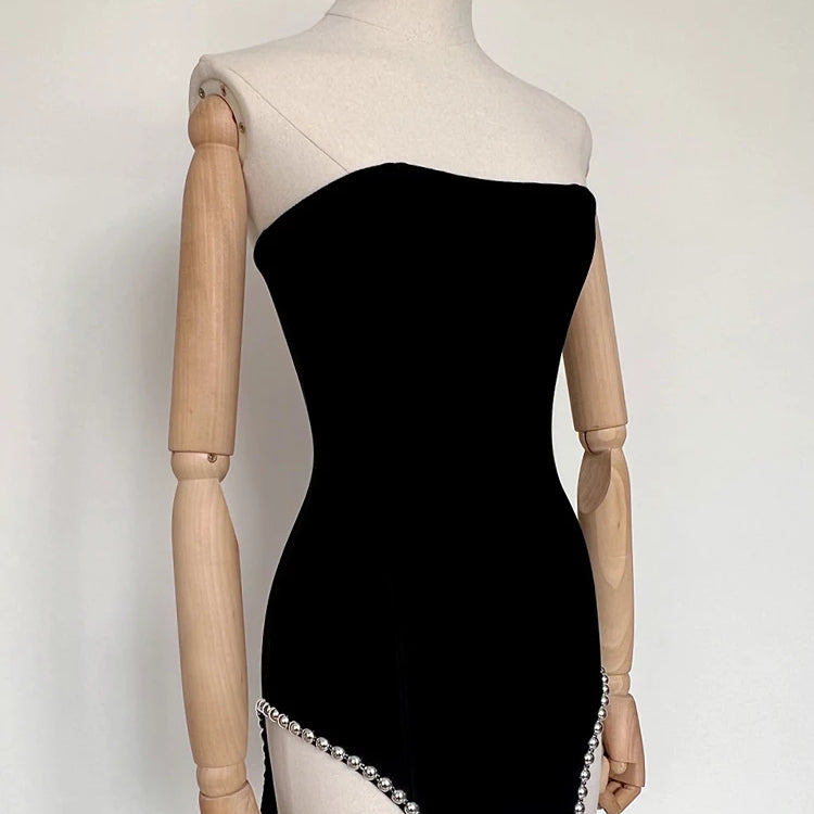 Sexy Strapless Balck Mini Dress Women Chic Rivet Design Bodycon Bandage Night Club Party Dress