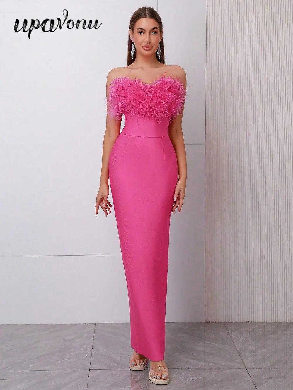 2025 Spring Sexy Women Feather Design Bandage Dress Strapless Sleeveless Bodycon Backless Long Dress Evening Club Party Vestidos