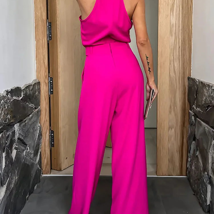 New Spring Summer Women Sleeveless Jumpsuits, Wide Leg Pants Loungewear Playsuits, Patchwork Pocket Simple Ladies Bodysuits