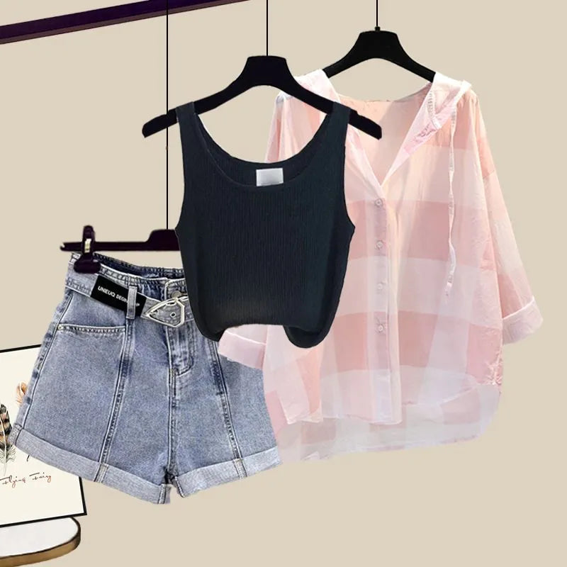 Women's Summer Shorts Suit 2024 New Casual Shirt+Strap+High Waist Jeans Three Piece Korean Elegant Blouse Pants Matching Set Set 09