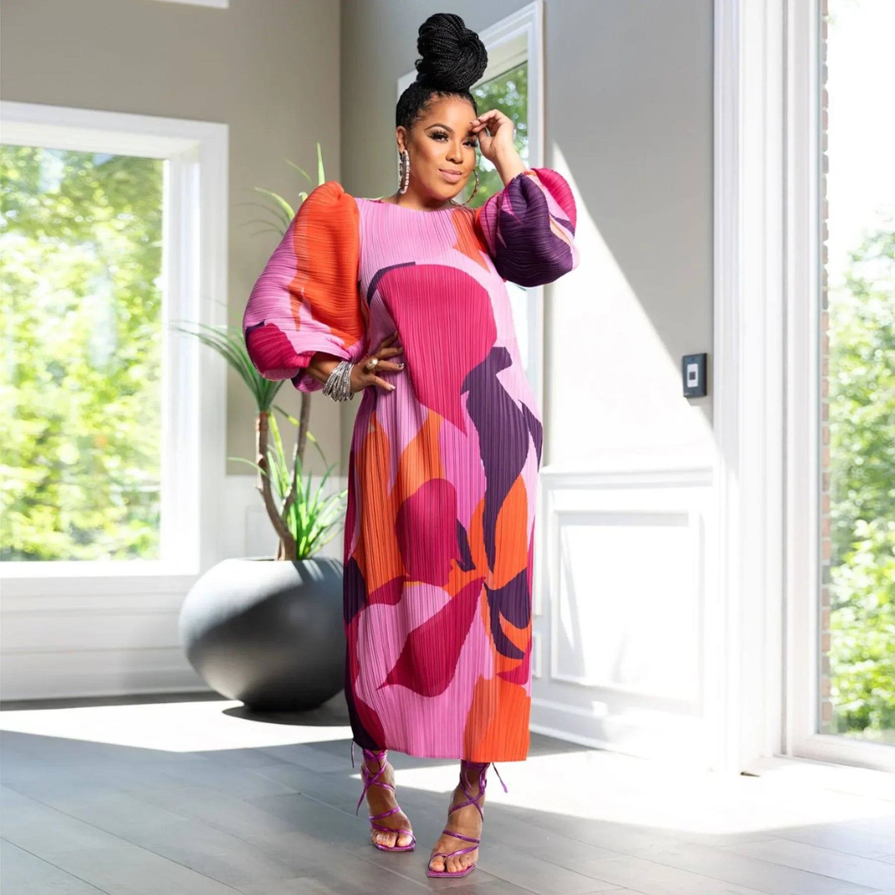 Elegant Women Pleated Half Lantern Sleeve O-neck Slim Maxi Long Dress Print Fashion Autumn 2024 Ruched Dresses Vestidos