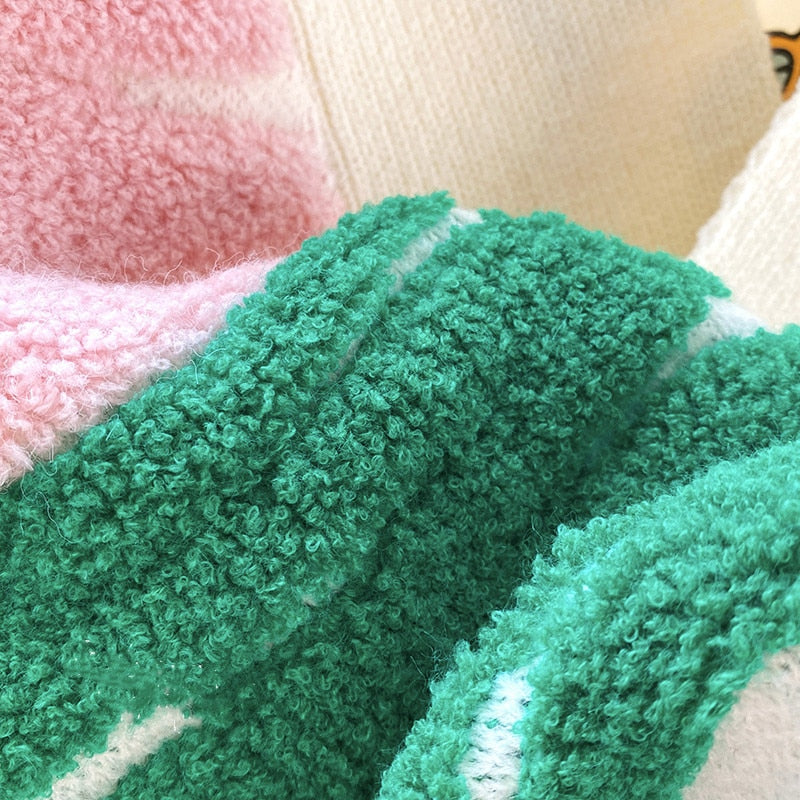 Women Rainbow Striped Colorful Cardigan Fall Winter Sweater V-Neck Knit Tops Dopamine Outfit