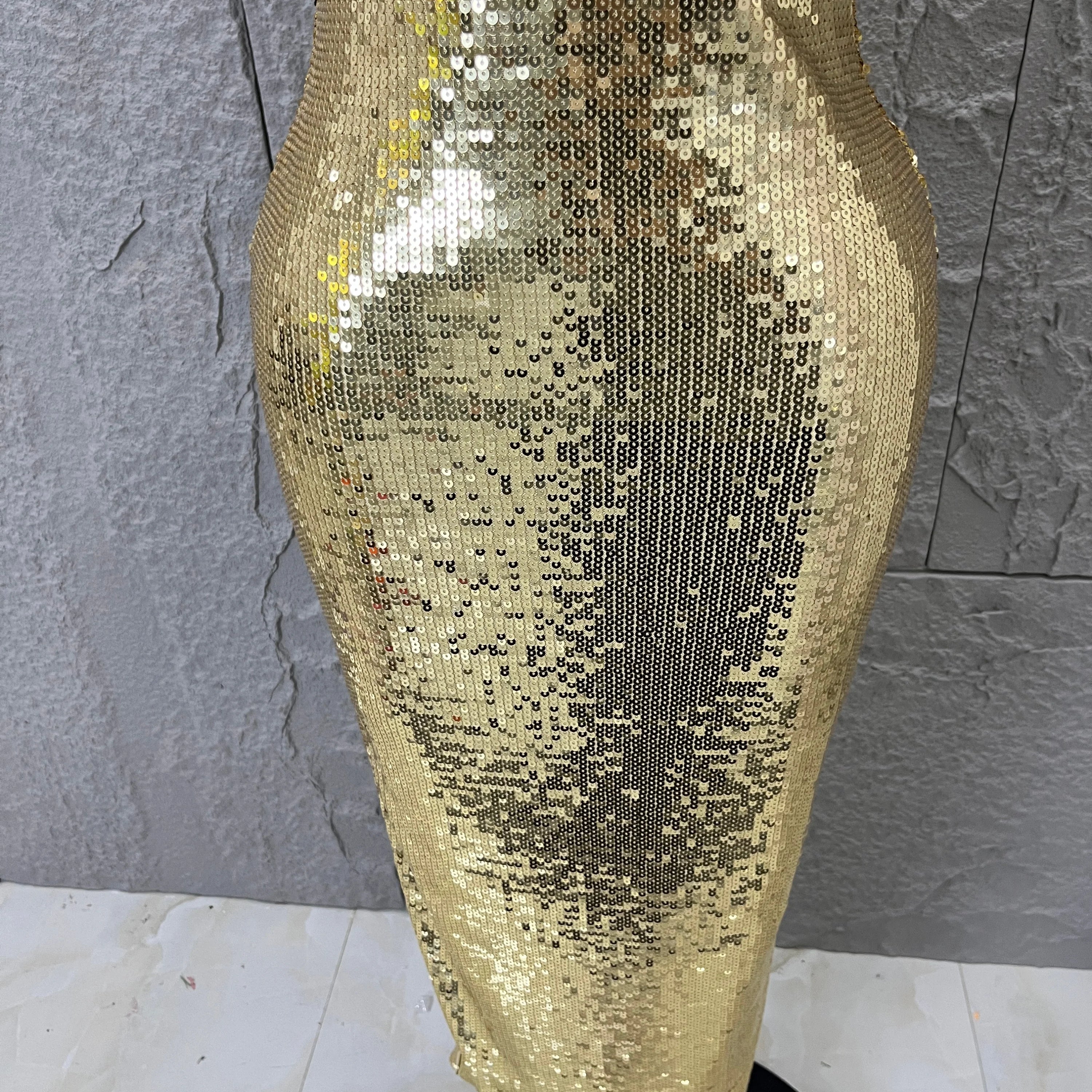 Classic Gold Sequin Mermaid Dress Rhinestone Chain Shoulder Straps Sweetheart Neck Formal Evening Gala Photoshoot Cocktail Party