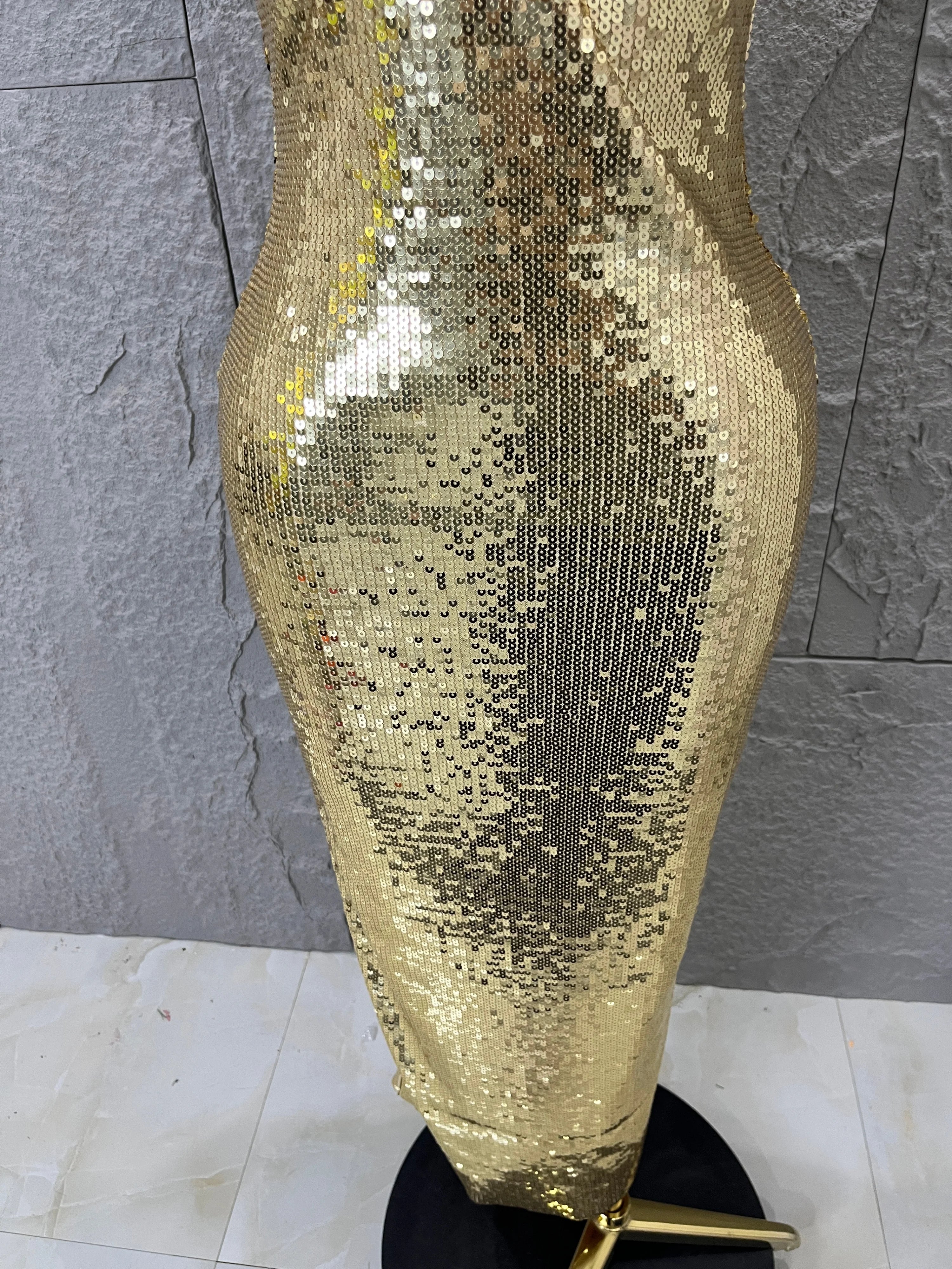 Classic Gold Sequin Mermaid Dress Rhinestone Chain Shoulder Straps Sweetheart Neck Formal Evening Gala Photoshoot Cocktail Party
