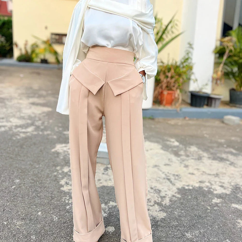 Solid Minimalist Pants For Women High Waist Patchwork Folds Temperament Elegant Wide Leg Pant Female Fashion Cloth