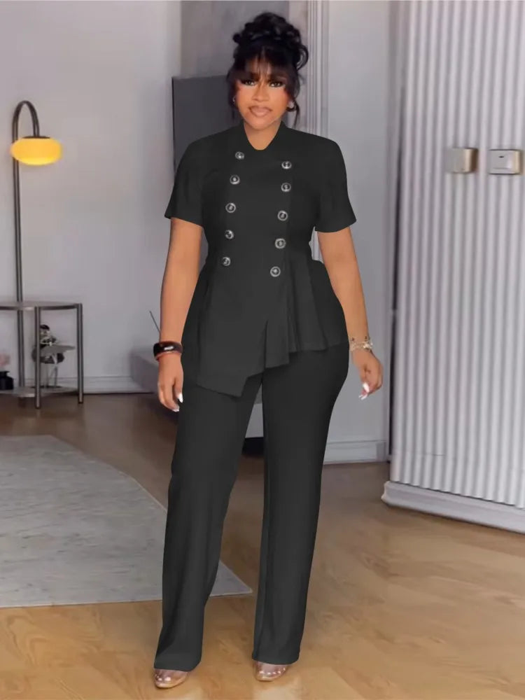 Plus Size Summer 2 Two Piece Set Women Irregular Ruffle Pleated Fashion Ladies Blouses Casual Bodycon Woman Pencil Pant