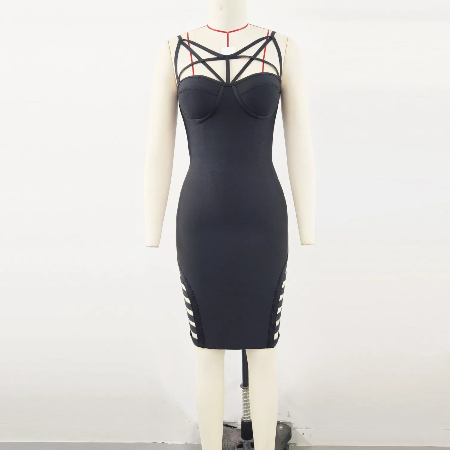 Black Pink Women Sleeveless Sexy V-Neck Bodycon Mini Bandage Dress Hollow Out Celebrate Night Club Party Cocktail Outfit black