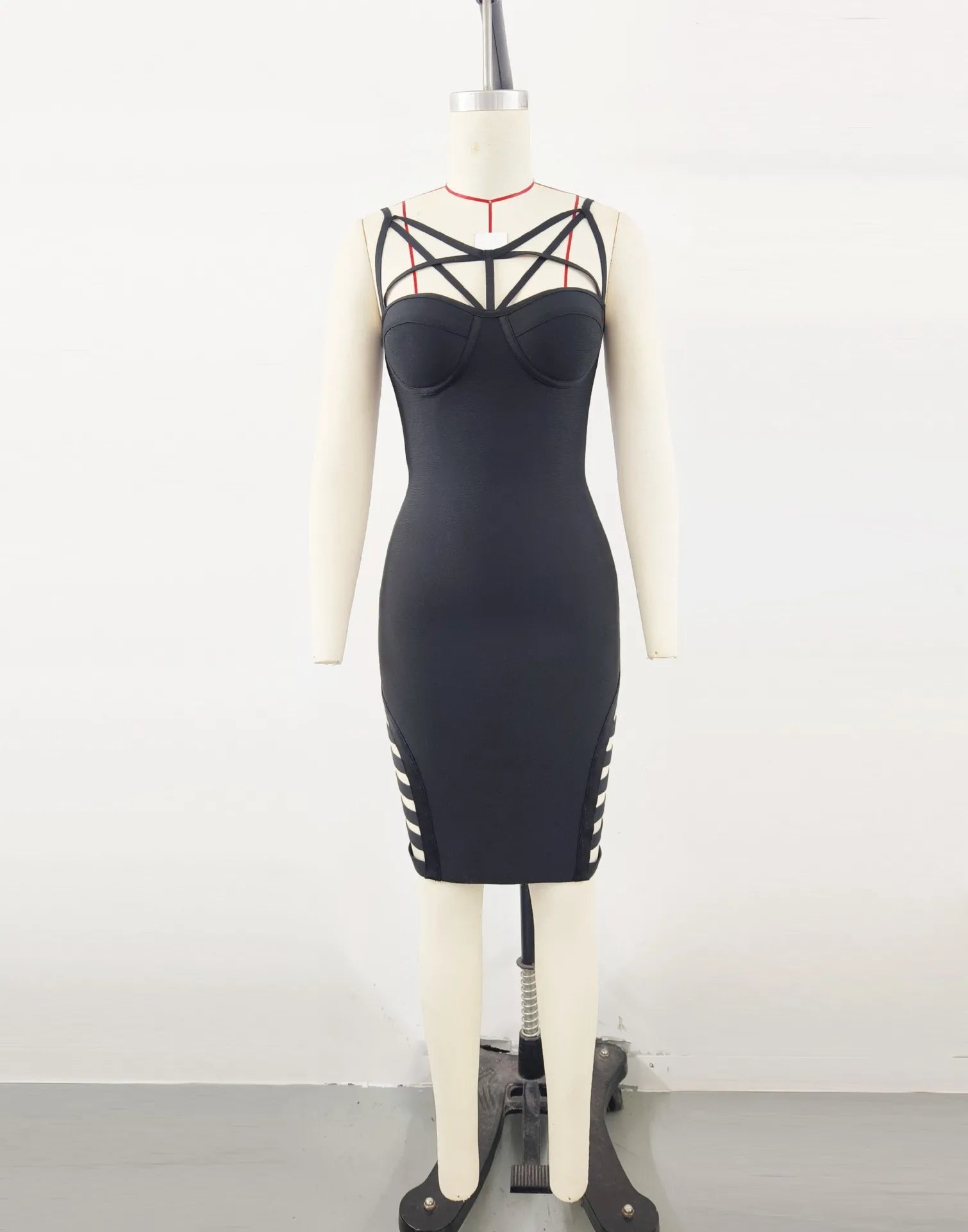 Black Pink Women Sleeveless Sexy V-Neck Bodycon Mini Bandage Dress Hollow Out Celebrate Night Club Party Cocktail Outfit black