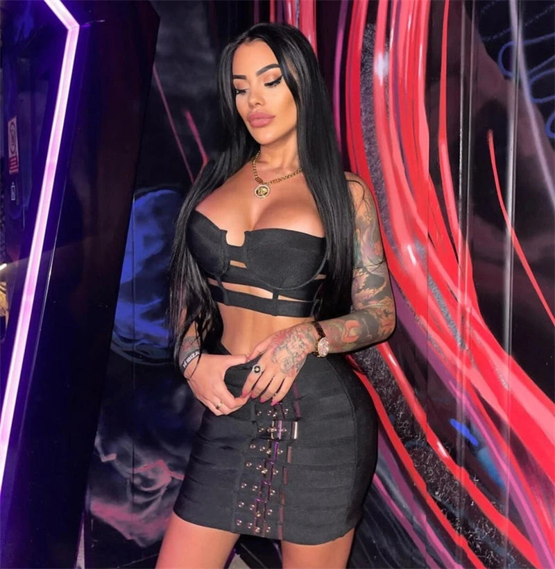 STOCK Fashion's Sexy Expose WaistWoman Set Hollow Out Short Spaghetti Strap Top And Blets Mini Skirt 2 Pieces High Street Wear