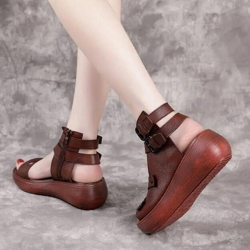 Women Summer Sandals Mid Heels Wedges Shoes Ladies Vintage Leather Plus Size 40 Sandalias Mujer Sapato Feminino Fashion Footwear