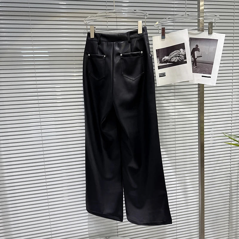 Winter New Fashion Metal Rivet Design PU Leather Pants For Women High Waist Loose Wide-Leg Casual Pant 11A07827