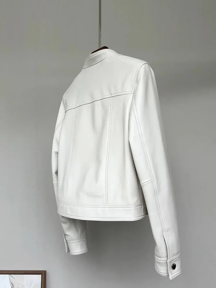 Lautaro Spring Autumn Short White Soft Pu Leather Jacket Women Stand Collar Long Sleeve Elegant Chic Luxury Designer Clothing