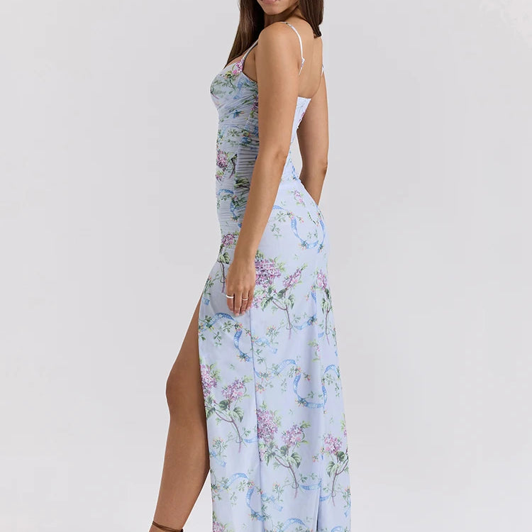 Blue Floral Print Mesh Maxi Dress For Women Gown Zipper Spaghetti Strap Sleeveless Backless Split Club Party Long Dress