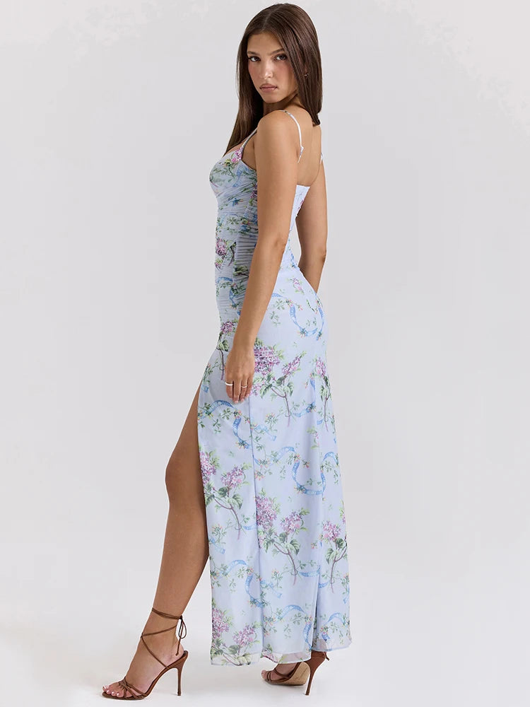 Blue Floral Print Mesh Maxi Dress For Women Gown Zipper Spaghetti Strap Sleeveless Backless Split Club Party Long Dress