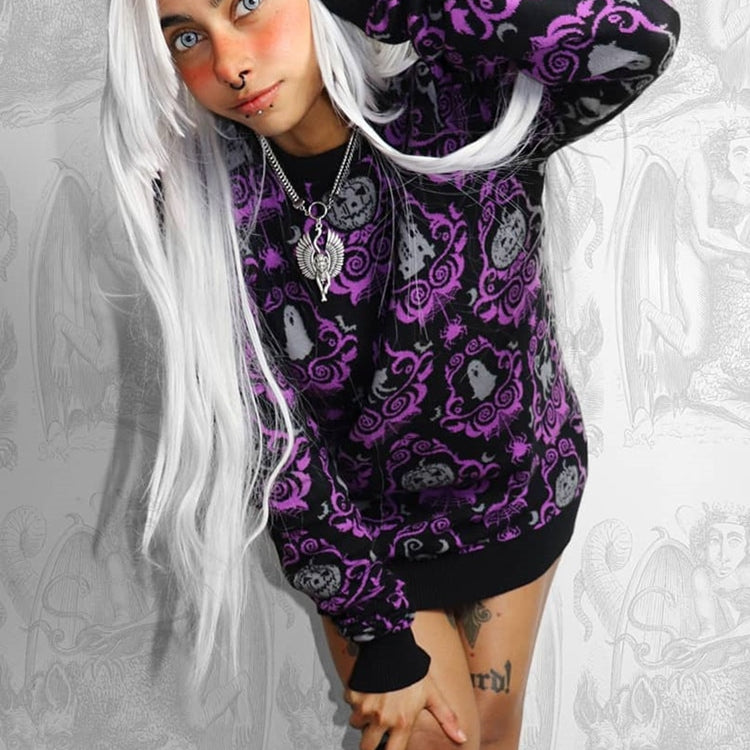 Yangelo Gothic Halloween Women's Pullover Round Neck Pumpkin Pattern Loose Long Sleeve Warm Autumn and Winter Street Y2K Sweater