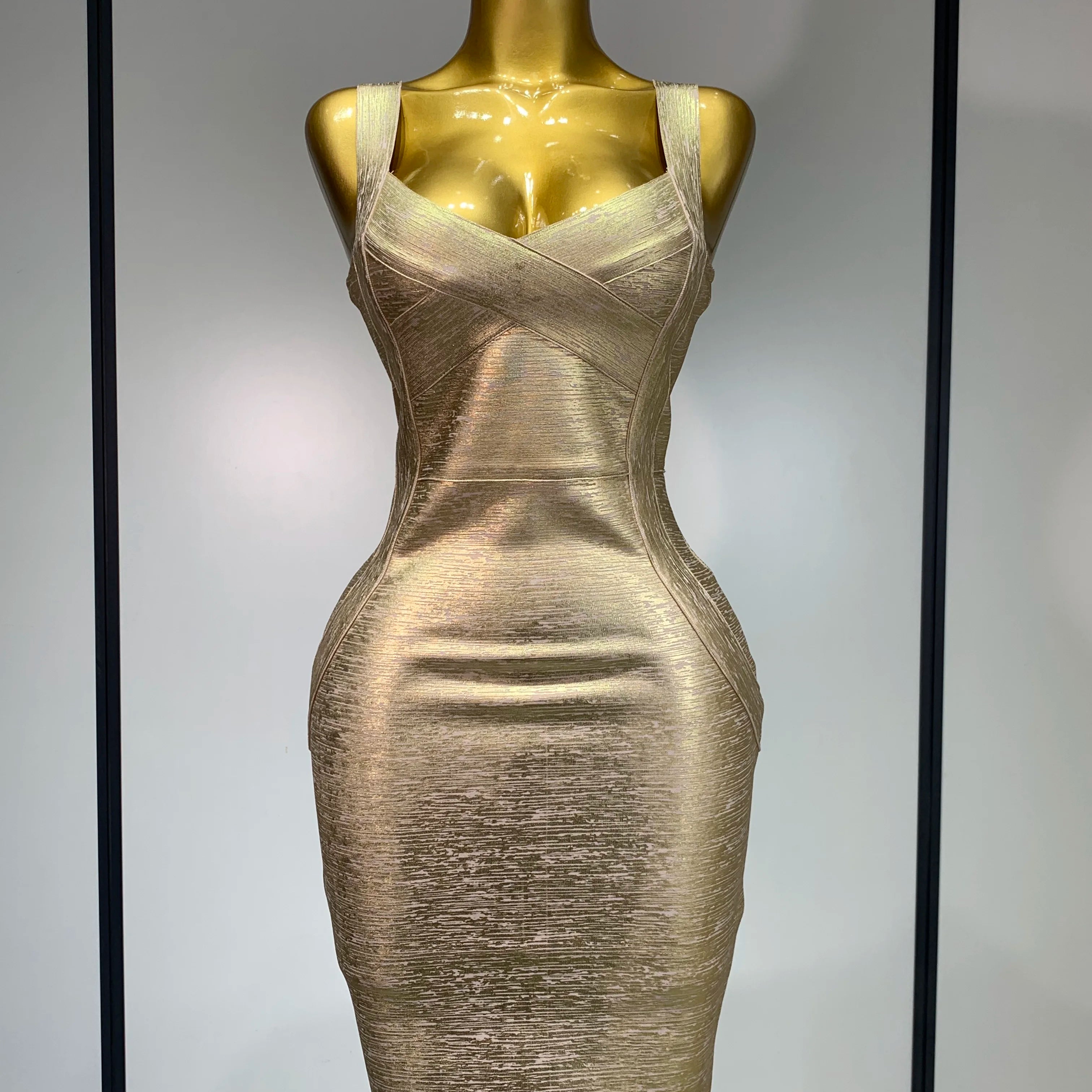 Women Sexy V Neck Bronzing Gold Midi Bodycon Bandage Dress 2025 Celebrity Elegant Evening Club Party Luxury Birthday Dress Gold