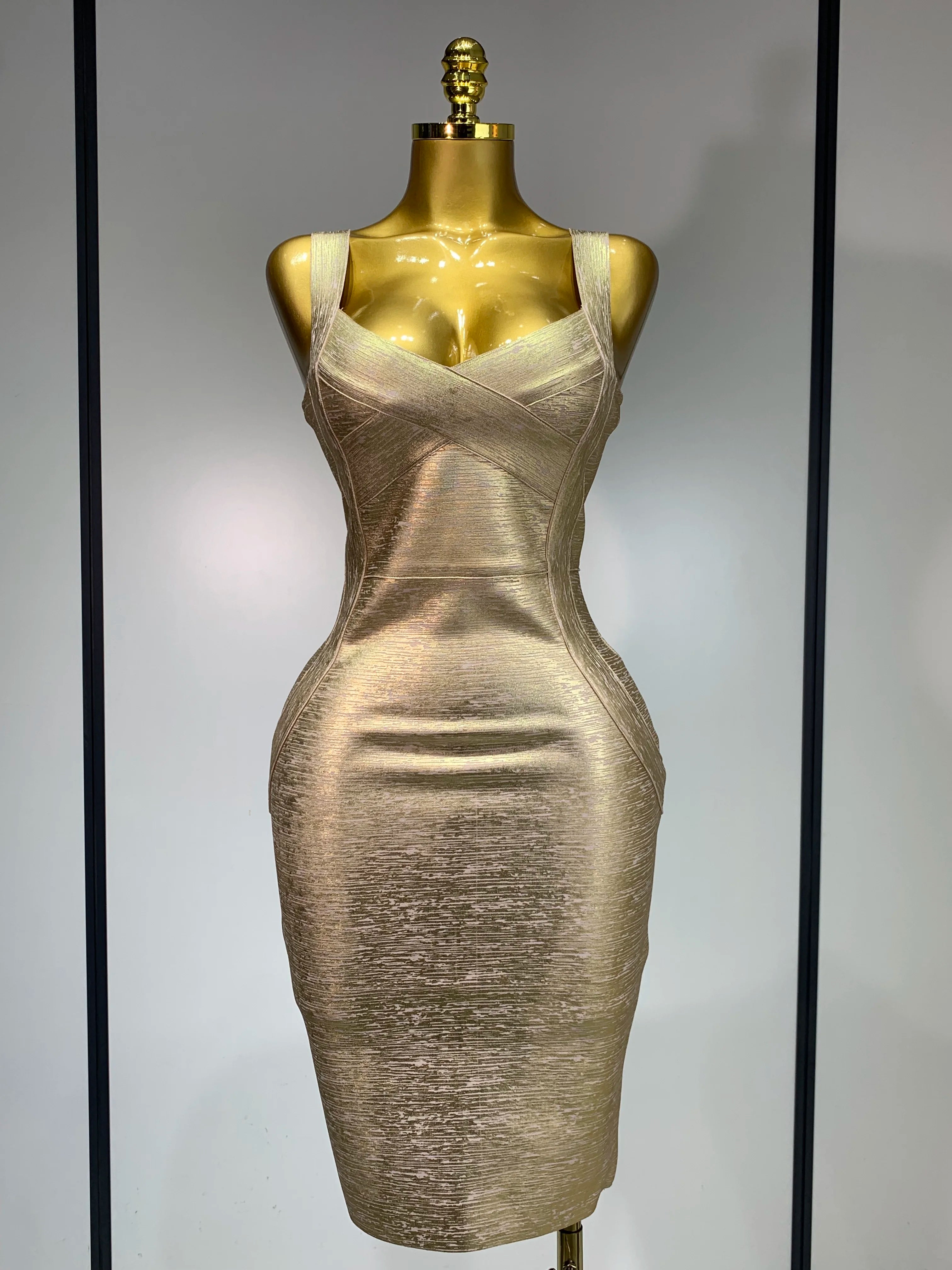 Women Sexy V Neck Bronzing Gold Midi Bodycon Bandage Dress 2025 Celebrity Elegant Evening Club Party Luxury Birthday Dress Gold