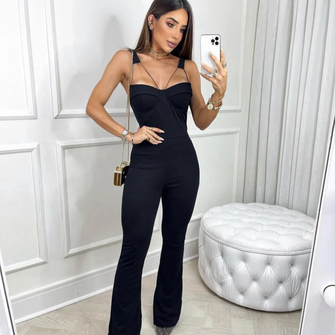 2023 Sexy Hollow Out Spaghetti Strap Boot Cut Black Bandage Jumpsuit Fashion's Sexy Woman Evening Party Outfit