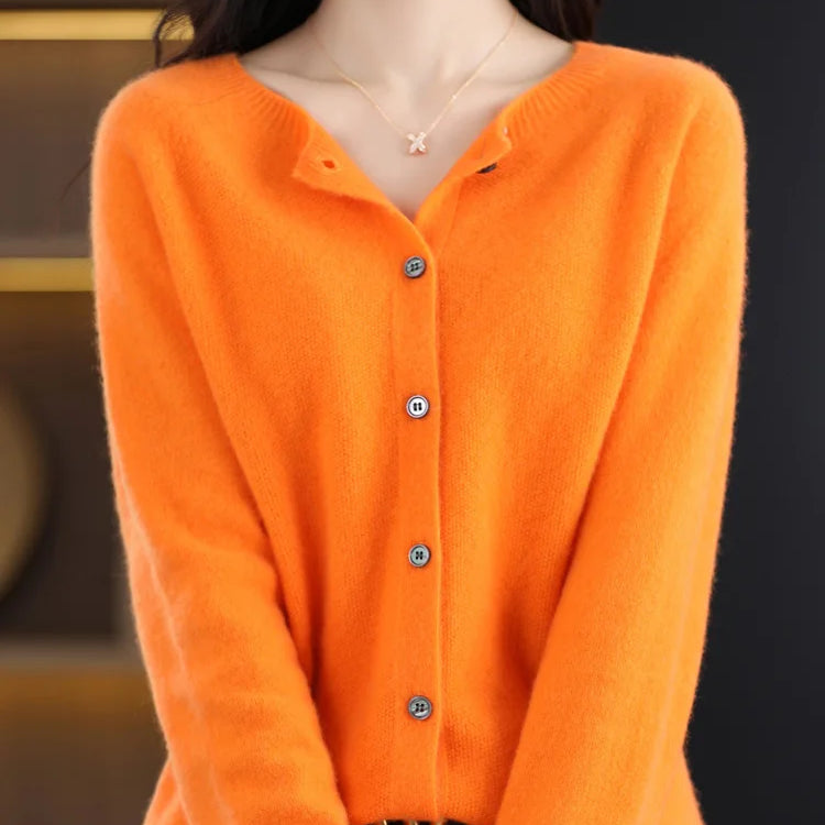 Aliselect Autumn Winter Women 100% Merino Wool Sweater O-Neck Tops Long Sleeve Basic Cashmere Knitwear Cardigan Clothing Coat Orange